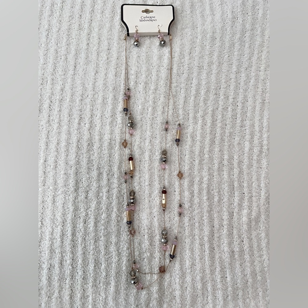 Catherine Malandrino Pink and Silver Beaded Necklace And Earrings